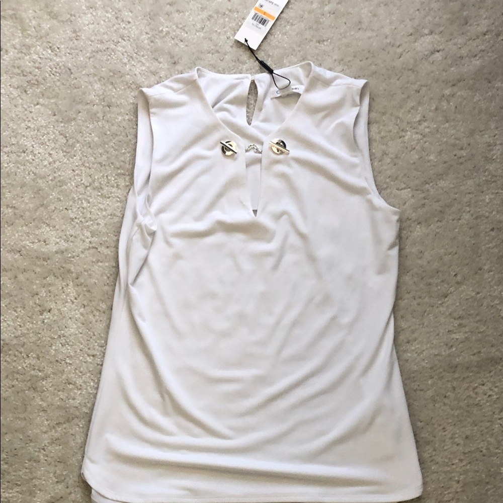 Calvin Klein White Sleeveless Blouse with silver Accents